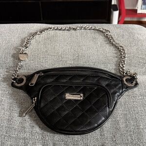 Steve Madden Black Quilted Leather Crossbody Waist Bag with Silver Chain